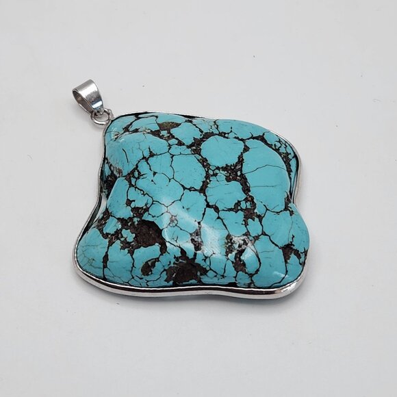 Vintage Chunky Turquoise Freeform Sterling 925 Large Southwestern Pendant - Picture 1 of 6